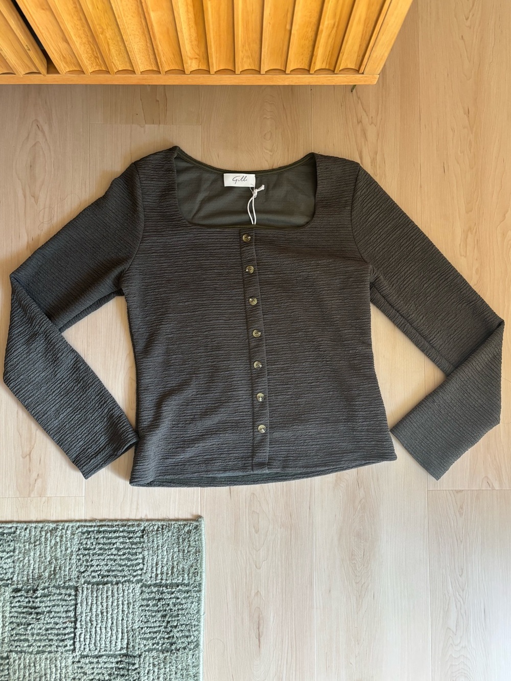 Gilli Olive Textured Knit Two-Piece Set - Scoop Neck Button Top & Flare Pants - Picture 14 of 17